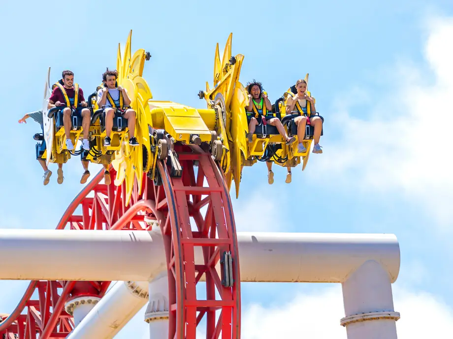 Les montagnes russes de Terra Mitica à Benidorm avec des visiteurs qui profitent d'un tour de manège palpitant.