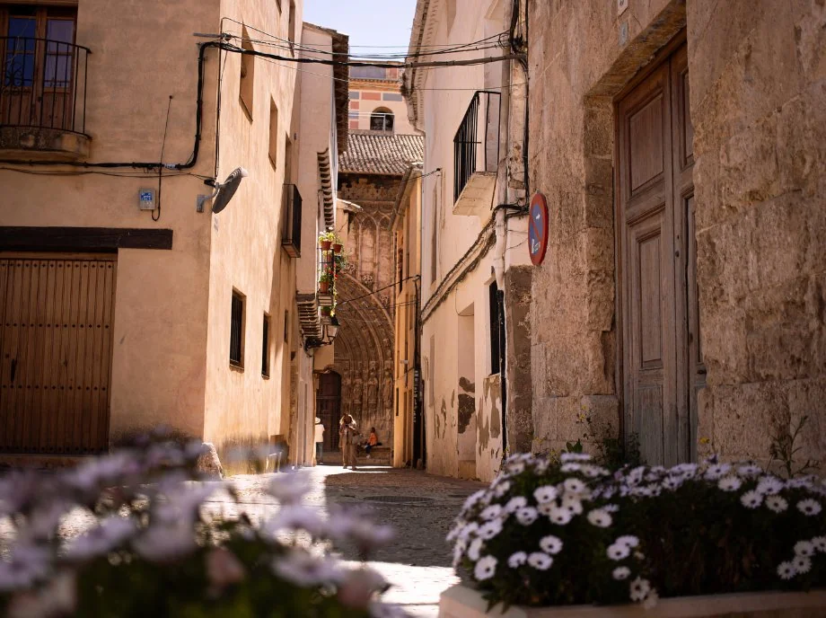 Calle empedrada del casco antiguo de Requena con flores y arquitectura medieval.
